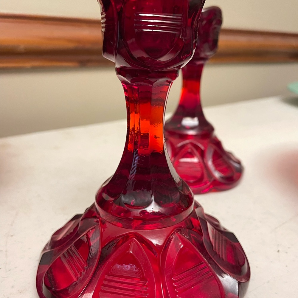 Fenton Glass. Barred tear drop design. Ruby Red Elegant Glass Candle Holders - Picture 3 of 5